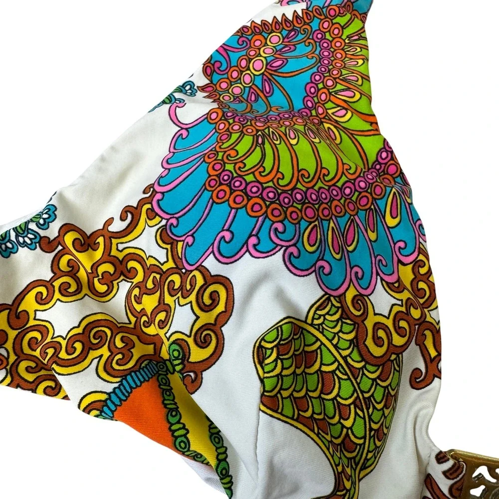 Trina Turk Floral Paisley Bikini Set Gold Filigree Hardware Halter Two Piece